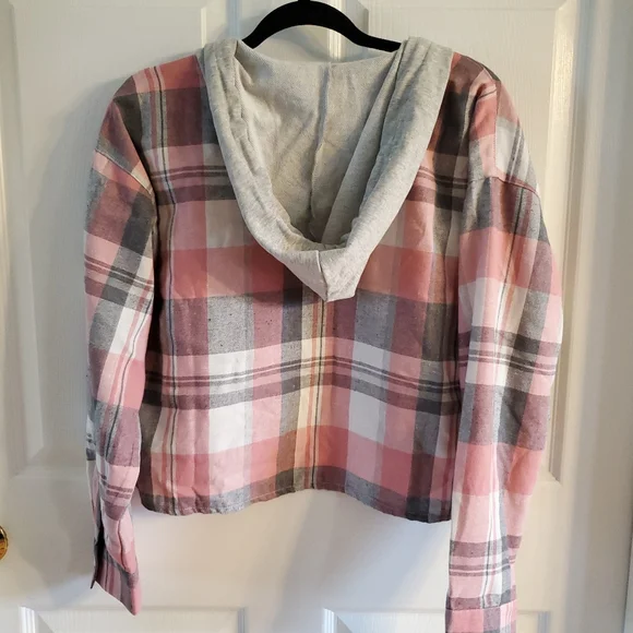 Francesca's Collections Pink and Gray Plaid Hoodie